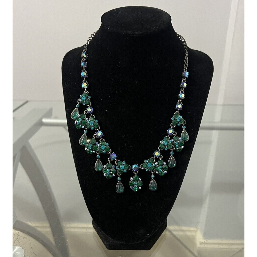 Joan Rivers Crystal Drop Floral Statement Necklace Blue Green Silver Tone